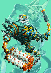 152_in_can 1girl absurdres arm_cannon club club_(weapon) energy green_background hagoromo highres mask mask_on_head mineru_(zelda) nintendo robot shawl spiked_club the_legend_of_zelda the_legend_of_zelda:_tears_of_the_kingdom weapon zonai zonai_device
