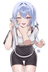 1girl ;d black_leotard black_shorts blue_eyes blue_hair bright_pupils character_name clothes_writing covered_navel cowboy_shot crop_top cropped_shirt disembodied_hand hair_between_eyes hand_on_another&#039;s_chin highres hololive hololive_dance_practice_uniform hoshimachi_suisei leaning_forward leotard leotard_under_clothes light_blue_hair long_hair looking_at_viewer official_alternate_costume one_eye_closed open_mouth pov short_sleeves shorts side_ponytail simple_background smile star_(symbol) star_in_eye sweat symbol_in_eye tomanesan towel virtual_youtuber white_background white_pupils wince wiping_sweat workout_clothes