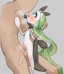 1boy 1girl after_kiss blue_eyes blush clothes_pull cowgirl_position faceless faceless_male flat_chest gen_5_pokemon green_hair grey_background held_up hetero interspecies legendary_pokemon loli long_hair looking_up meloetta meloetta_(aria) mythical_pokemon nintendo open_mouth penis pokemon pokemon_(creature) pokephilia pussy saliva saliva_trail sex shiny_skin simple_background solo_focus standing stomach_bulge straddling testicles tosx vaginal
