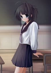 1girl against_desk ahoge blouse blue_eyes blunt_bangs chalkboard classroom closed_mouth day desk expressionless green_hair highres indoors long_sleeves looking_at_viewer necktie nemu_(zutto_oyasu3) one_side_up original pleated_skirt purple_necktie purple_sailor_collar purple_skirt sailor_collar school_desk school_uniform serafuku shirt short_hair single_hair_intake skirt solo standing straight_hair white_shirt