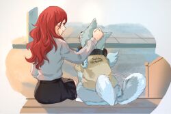 Rule 34 | 1girl, animal, black skirt, closed mouth, commentary, dog, english commentary, from behind, grey fur, headpat, kirijou mitsuru, koromaru (persona), long hair, long sleeves, looking at another, outdoors, persona, persona 3, petting, red eyes, red hair, shirt, sitting, skirt, smile, soc nau, white shirt, white wings, wings