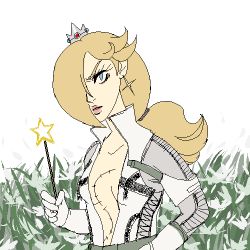 1girl blonde_hair blue_eyes cosplay crossover crown earrings gloves grass hair_over_one_eye jewelry lowres mario_(series) metal_gear_(series) metal_gear_solid_3:_snake_eater nintendo ponytail rosalina scar solo star_(symbol) star_earrings the_boss the_boss_(cosplay) wand white_background