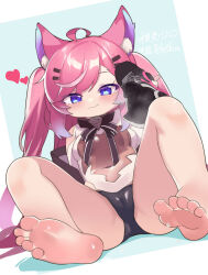 1girl ahoge animal_ear_fluff animal_ears artist_name barefoot black_bow black_bowtie black_panties blush bow bowtie chinese_commentary closed_mouth commentary_request fox_ears fox_girl gift_art gradient_hair hair_between_eyes hair_ornament hairclip heart highres holding_shoe indie_virtual_youtuber leotard long_bangs long_hair m_legs multicolored_hair panties pink_hair purple_eyes sakurami_sumi shadow shoes sidelocks signature simple_background sitting smile sneakers soles solo spread_legs steam sweat teletha_(vtuber) toes underwear unworn_shoes very_long_hair virtual_youtuber