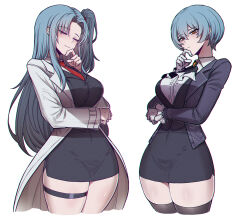 1girl angela_(project_moon) ascot black_feathers black_skirt black_thighhighs black_vest blue_hair blue_jacket breasts brooch closed_eyes closed_mouth coat collared_shirt covered_groin cowboy_shot dual_persona feathers finger_to_mouth finger_to_own_chin forehead frilled_sleeves frills gloves highres jacket jewelry lab_coat large_breasts light_blush lobotomy_corporation long_hair long_sleeves looking_at_viewer misg1111 necktie one_side_up orange_brooch orange_eyes parted_hair pencil_skirt project_moon red_necktie shirt short_hair side_slit simple_background skindentation skirt smile solo suit_jacket taut_clothes taut_shirt taut_vest thick_thighs thigh_strap thighhighs thighs thinking tight_clothes tight_shirt vest white_ascot white_background white_coat white_shirt