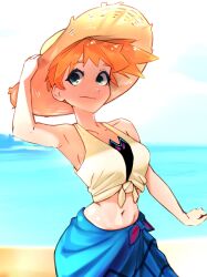 Rule 34 | 1girl, absurdres, armpits, beach, blue eyes, blue sarong, blush, blysill, breasts, closed mouth, collarbone, day, female focus, gym leader, hand on headwear, hat, highres, looking at viewer, midriff, misty (pokemon), navel, nintendo, ocean, orange hair, outdoors, pokemon, pokemon (anime), pokemon (classic anime), pokemon rgby, ponytail, sarong, shirt, short hair, side ponytail, sleeveless, smile, solo, straw hat, sun hat, swimsuit, tied shirt, water