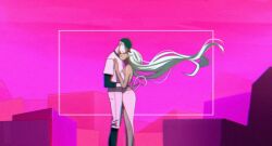 1boy 1girl baseball_cap baseball_uniform black_hat black_shirt closed_mouth dark-skinned_female dark_skin dress hand_on_another&#039;s_shoulder hand_on_another&#039;s_waist hat head_on_another&#039;s_shoulder layered_sleeves long_hair long_sleeves no_eyes off_(game) pants partially_shaded_face pink_sky pink_theme shirt short_hair short_over_long_sleeves short_sleeves single_bare_shoulder sky smile sportswear standing strapless strapless_dress tanblaque the_batter_(off) the_queen_(off) very_long_hair very_short_hair white_hair white_pants white_shirt