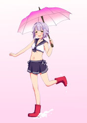 1girl blush boots breasts brown_eyes commentary_request crop_top full_body idolmaster idolmaster_cinderella_girls koshimizu_sachiko looking_at_viewer navel open_mouth purple_hair sailor_collar sakaki_imasato short_hair skirt small_breasts smile solo splashing standing standing_on_one_leg umbrella
