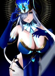 Rule 34 | 1girl, absurdres, black background, blue dress, blue eyes, blue gemstone, blue gloves, blue hat, body markings, breasts, cleavage, commentary, cosplay, cowboy shot, curvy, detached collar, dress, elbow gloves, feather-trimmed gloves, gem, genshin impact, gloves, glowing headgear, gold trim, grey hair, hair over one eye, halo, hand on own chest, hat, highres, huge breasts, long hair, looking at viewer, mirror maiden (genshin impact), mirror maiden (genshin impact) (cosplay), o-ring, parted lips, pelvic curtain, shenhe (genshin impact), sidelocks, simple background, skirt, solo, standing, swept bangs, white skirt, yumeto (ym-1)