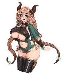 1girl :d barbariank blush braid breasts brown_hair capelet carmelina_(granblue_fantasy) clothing_cutout commentary cowboy_shot cropped_legs english_commentary granblue_fantasy green_capelet green_eyes highres hip_vent horns huge_breasts leaning_forward long_braid long_hair long_sleeves looking_at_viewer navel open_mouth pointy_ears simple_background sketch smile solo stomach_cutout twin_braids underboob underboob_cutout very_long_hair white_background