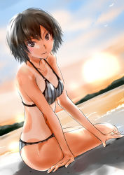 1girl amagami bare_arms bare_shoulders beach bikini black_bikini black_hair blush breasts brown_eyes dutch_angle evening female_focus gradient_sky looking_at_viewer medium_breasts murasaki_iro nanasaki_ai ocean on_ground one-piece_tan outdoors parted_lips short_hair sitting sky smile solo striped_bikini striped_clothes sun sunlight swimsuit tan tanline vertical-striped_bikini vertical-striped_clothes water yokozuwari