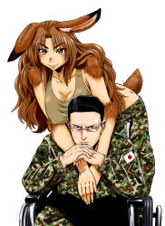 1boy 1girl animal_ears black_hair breasts brown_eyes brown_hair camouflage cleavage commentary_request couple covered_erect_nipples delilah_(gate) downblouse forehead gate_-_jieitai_ka_no_chi_nite_kaku_tatakaeri gendou_pose glasses hands_clasped hetero hug hug_from_behind long_hair military military_fatigues military_uniform own_hands_clasped own_hands_together rabbit_ears rabbit_tail sao_satoru semi-rimless_eyewear tail tank_top under-rim_eyewear wheelchair yanagida_(gate)