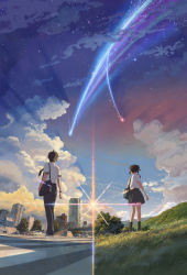 10s 1boy 1girl back bag bare_legs belt billboard black_hair black_legwear blue_sky box_truck braid bridge brown_hair building car cityscape cloud collared_shirt comet cross crosswalk day diffraction_spikes eyelashes fedex flag forest from_behind full_body grass green_necktie hair_bun hair_ornament hair_ribbon highres hill kimi_no_na_wa. lamppost landscape leaf lens_flare long_hair looking_at_another looking_back meteor miyamizu_mitsuha motor_vehicle mountain nature necktie official_art outdoors pants pedestrian_bridge plant poster_(medium) power_lines railing red_ribbon ribbon road road_sign school_bag school_uniform shade shinkai_makoto shirt shooting_star short_hair shoulder_bag shrine sign skirt sky skyscraper stairs standing star_(sky) starry_sky string sunlight sunset tachibana_taki tanaka_masayoshi taxi thighs tokyo_(city) tokyo_tower torii tower tree truck very_long_hair white_shirt window