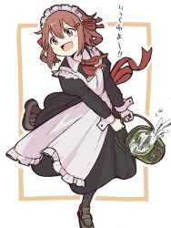1girl alternate_costume apron black_dress brown_eyes brown_hair bucket dress enmaided fang frilled_apron frills full_body ikazuchi_(kancolle) kantai_collection maid maid_headdress repair_bucket short_hair skin_fang smile solo unagiman water white_apron