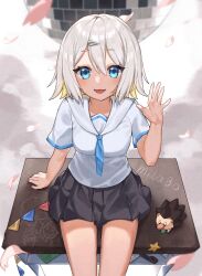 1girl :d black_skirt blonde_hair blue_eyes blue_necktie blue_trim bow bowtie byyy_(user_xgka2437) colored_inner_hair disco_ball double-parted_bangs falling_petals green_bow green_bowtie hair_ornament hairpin hedgehog milabo_(zutomayo) multicolored_hair necktie nira-chan nira-chan_(milabo)_(zutomayo) open_mouth petals pleated_skirt school_uniform serafuku shirt short_hair short_sleeves sitting skirt smile song_name straight-on uniguri_(zutomayo) white_hair white_shirt zutto_mayonaka_de_ii_no_ni