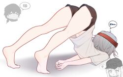 1boy 2girls art_undertaker bandana barefoot brown_shorts chibi commander_(girls&#039;_frontline) commentary english_commentary feet full_body g11_(girls&#039;_frontline) girls&#039;_frontline girls&#039;_frontline_2:_exilium grey_hair hk416_(girls&#039;_frontline) klukai_(girls&#039;_frontline_2) mechty_(girls&#039;_frontline_2) multiple_girls red_bandana shirt short_hair short_shorts shorts simple_background speech_bubble spoken_zzz t-shirt top-down_bottom-up white_background white_shirt zzz