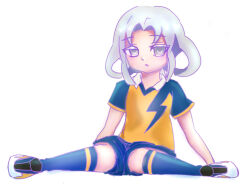 1girl akasode_matsuri_(inazuma_eleven) blue_shirt blue_shorts blue_socks collar flat_chest grey_eyes grey_hair hakkou_soft inazuma_eleven_(series) inazuma_eleven_victory_road large_variant_set medium_hair parted_lips raimon raimon_soccer_uniform shirt short_sleeves shorts sidelocks sitting soccer_uniform socks solo sportswear two-tone_shirt variant_set white_collar yellow_shirt