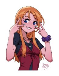 1girl absurdres blonde_hair blue_eyes double_v furin94 grin hair_ornament hairpin hands_up highres jewelry kousaka_kirino layered_clothes long_hair looking_at_viewer necklace ore_no_imouto_ga_konna_ni_kawaii_wake_ga_nai short_sleeves sidelocks signature smile solo star_(symbol) star_necklace swept_bangs upper_body v white_background
