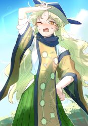 1girl absurdres blonde_hair blue_sky blush cloud cloudy_sky constellation_print cowboy_shot day detached_sleeves flower green_skirt hand_on_own_head hand_on_own_hip hand_up hat highres hot long_hair long_sleeves looking_afar matara_okina one_eye_closed open_mouth orange_eyes orange_sleeves orange_tabard outdoors sabayomi_38 shirt sidelocks skirt sky solo standing summer sweat tabard touhou wavy_hair white_shirt wide_sleeves yellow_flower