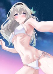 Rule 34 | 1girl, belly, black hairband, blue ribbon, blush, bra, firefly (honkai: star rail), gradient eyes, gradient hair, green pupils, grey hair, hair between eyes, hair intakes, hair ornament, hair ribbon, hairband, highres, honkai: star rail, honkai (series), long hair, multicolored eyes, multicolored hair, navel, open mouth, panties, ribbon, sky, solo, star (sky), starry sky, string panties, tapioca 1022, teeth, underwear, wet, white bra, white panties