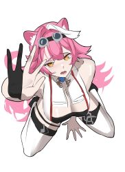 Rule 34 | 1girl, absurdres, animal ears, artist glove, black tube top, breasts, cleavage, daaku (koizumi arata), goggles, goggles on head, hashtag-only commentary, highres, hololive, hololive english, huge breasts, long hair, open mouth, panther ears, panther girl, panther tail, pink hair, raora panthera, raora panthera (1st costume), shirt, solo, strapless, tail, thighhighs, tube top, virtual youtuber, white shirt, white streaks, white thighhighs, yellow eyes