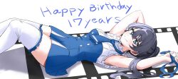 1girl armpits arms_up black_hair blue_dress blue_eyes blue_necktie blue_ribbon blush buttons character_age closed_mouth commentary_request double-breasted dress ereka feet_out_of_frame film_strip frilled_thighhighs frills happy_birthday highres holding holding_ribbon link!_like!_love_live! long_hair love_live! lying murano_sayaka necktie official_alternate_costume on_back pleated_dress ponytail proof_(love_live!) ribbon short_dress simple_background sleeveless sleeveless_dress smile solo split_mouth thighhighs virtual_youtuber white_background white_thighhighs zettai_ryouiki