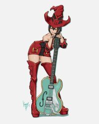 1girl black_hair boots choker duesenberg_starplayer electric_guitar fingerless_gloves gloves guilty_gear guilty_gear_xx guitar hat highres i-no instrument kumanz mole mole_above_mouth red_boots red_hat red_leather short_hair signature solo thigh_boots witch_hat