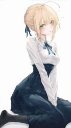 1girl absurdres artoria_pendragon_(fate) black_socks blonde_hair blue_ribbon blue_skirt blush fate/stay_night fate_(series) green_eyes hair_between_eyes hair_bun hair_ribbon high-waist_skirt highres looking_at_viewer no_shoes parted_lips renoahh ribbon shirt short_hair sidelocks skirt socks solo white_shirt