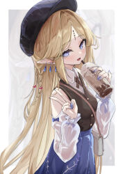 1girl absurdres alternate_costume asaba_(asaba_6771) bag black_hat black_vest blonde_hair blue_skirt blush border breasts cartethyia_(wuthering_waves) collared_shirt commentary cowboy_shot cup disposable_cup drinking_straw earrings fingernails hashtag-only_commentary hat high-waist_skirt highres holding holding_cup jewelry long_hair looking_at_viewer medium_breasts nail_polish pointy_ears purple_nails shirt shirt_tucked_in shoulder_bag sidelocks skirt solo tacet_mark_(wuthering_waves) v very_long_hair vest white_bag white_border white_shirt wuthering_waves zoom_layer