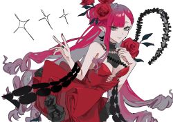 1girl absurdres baobhan_sith_(fate) baobhan_sith_(fgo_fes._2025)_(fate) breasts detached_collar dress fate/grand_order fate_(series) flower grey_eyes hair_flower hair_ornament hand_up highres hiyakamosirenai long_hair looking_at_viewer pink_hair pointy_ears red_dress sidelocks smile solo white_background