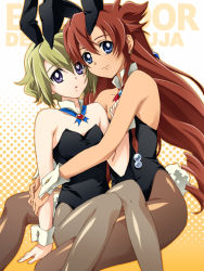 00s 2girls animal_ears asymmetrical_hair bare_shoulders brown_hair detached_collar el_cazador_de_la_bruja ellis ellis_(el_cazador_de_la_bruja) fake_animal_ears hair_between_eyes hair_ornament hug leotard long_hair multiple_girls nadie pantyhose playboy_bunny rabbit_ears rabbit_tail saipaco short_hair yellow_background yuri