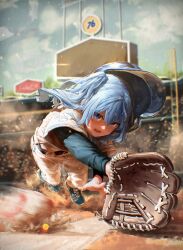 1girl absurdres ball baseball baseball_(object) baseball_cap baseball_glove baseball_jersey baseball_stadium baseball_uniform blue_eyes blue_hair blue_sky blurry catching commentary crowd depth_of_field determined dirt dynamic_pose english_commentary eyelashes gloves hair_between_eyes hat highres hololive hoshimachi_suisei jersey jumping kokono_ka long_hair looking_at_viewer los_angeles_dodgers motion_blur official_alternate_costume open_mouth outdoors serious side_ponytail sky solo_focus sportswear virtual_youtuber