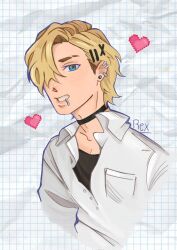 1boy artist_name black_choker blonde_hair blue_eyes choker collared_shirt degrees_of_lewdity dol_rex00 ear_piercing face_piercing grid_background hair_over_one_eye heart highres lip_piercing lip_ring male_focus piercing portrait shirt short_hair solo white_shirt whitney_(degrees_of_lewdity) whitney_(male)_(degrees_of_lewdity)
