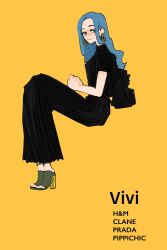 Rule 34 | 1girl, bag, black dress, blue hair, character name, closed mouth, commentary request, dress, earrings, full body, high heels, highres, jewelry, long hair, nefertari vivi, nicole7310, one piece, profile, short sleeves, shoulder bag, simple background, smile, solo, yellow background