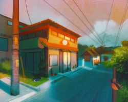 building bush cloud cloudy_sky commentary creatures_(company) english_commentary fence game_freak gen_1_pokemon grass highres house nintendo no_humans outdoors plant poke_ball_symbol pokemon pokemon_(creature) power_lines rattata scenery simone_mandl sky spearow tree viridian_city