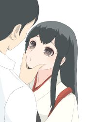 1boy 1girl absurdres admiral_(kancolle) akagi_(kancolle) black_eyes black_hair eye_contact hand_on_another&#039;s_face highres kantai_collection looking_at_another o3o simple_background toplow upper_body white_background