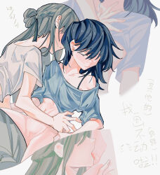 Rule 34 | 2girls, black hair, blush, braid, brown hair, chinese commentary, closed eyes, closed mouth, clothes lift, commentary request, commission, dated, earrings, grey shirt, half up braid, highres, jewelry, lanserongjie, licking, miyagi shiori, multiple girls, parted lips, second-party source, sendai hazuki, shirt, shirt lift, short sleeves, shuuniichido classmate wo kau hanashi, simple background, stud earrings, translation request, white background, white shirt, yuri