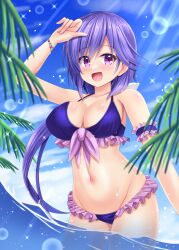 1girl :d alternate_costume bare_shoulders bead_bracelet beads bikini blue_bikini blue_sky blush bracelet breasts cleavage collarbone commentary_request cowboy_shot day floating_hair frilled_arm_strap frilled_bikini frills groin hair_between_eyes halterneck hand_up happy highres jewelry large_breasts long_hair looking_at_viewer low_ponytail minatoto mizuori_shizuku navel open_mouth outdoors ponytail purple_eyes purple_hair sky smile solo sparkle stomach summer_pockets sunlight swimsuit very_long_hair wading water wet