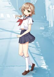 1girl :o alternate_costume black_sailor_collar black_skirt brown_hair brown_shoes commentary_request floating_clothes floating_hair full_body green_eyes hair_intakes hair_ornament hair_scrunchie highres kneehighs light_blush loafers long_hair looking_at_viewer low_ponytail mikuni_sairi miniskirt navel neckerchief open_mouth outdoors pink_scrunchie pleated_skirt ponytail red_neckerchief sailor_collar school_uniform scrunchie serafuku sesen2000 shirt shoes short_sleeves simple_background skirt socks solo standing swept_bangs tachi-e tenshi_souzou_re-boot! thick_eyebrows tsurime white_shirt white_socks