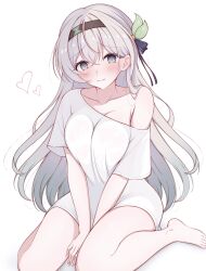 Rule 34 | 1girl, barefoot, black hairband, blue ribbon, blush, closed mouth, firefly (honkai: star rail), gradient hair, green pupils, grey hair, hair between eyes, hair intakes, hair ornament, hair ribbon, hairband, heart, highres, honkai: star rail, honkai (series), long hair, loose clothes, loose shirt, multicolored eyes, multicolored hair, nami 1899, no pants, ribbon, shirt, simple background, sitting, solo, wariza, white background, white shirt
