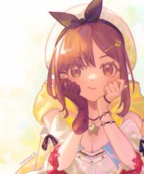 1girl artist_name asymmetrical_bangs atelier_(series) atelier_ryza atelier_ryza_1 black_bow bow breasts brown_eyes brown_hair cleavage closed_mouth commentary gloves hat highres looking_at_viewer medium_hair neema_(oneemasan) parted_bangs reisalin_stout single_glove solo white_background white_hat