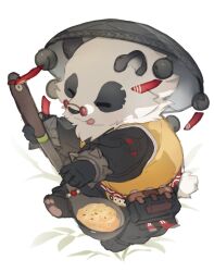 1boy animal_ears barefoot bell black_fur bracelet chibi chinese_clothes claws closed_mouth commentary fat fat_man food fried_rice furry furry_male giant_ladle hand_on_headwear highres holding holding_ladle jewelry jingle_bell ladle male_focus multicolored_fur pan_yinhu panda_boy panda_ears pawpads shirt sitting smile spiked_bracelet spikes symbol-only_commentary tongue tongue_out white_background white_fur wok yed_(yedsilent) yellow_shirt zenless_zone_zero