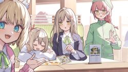 100_percent_orange_juice 4girls anger_vein black_jacket blazer blonde_hair blue_eyes blush cardigan chuu_(orange_juice) closed_eyes collared_shirt crossed_arms green_jacket green_ribbon hair_ribbon haruka_(orange_juice) highres jacket kanata_(orange_juice) long_sleeves looking_at_viewer multiple_girls neck_ribbon official_art open_mouth pink_cardigan poyo_(orange_juice) red_hair red_ribbon ribbon safety_glasses shirt sleeping smile tsukino_(nakajimaseiki) white_shirt yellow_eyes
