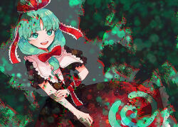 1girl arm_ribbon bow dress frilled_bow frilled_dress frilled_ribbon frills front_ponytail green_background green_eyes green_hair hair_bow hair_ribbon itomugi-kun kagiyama_hina puffy_short_sleeves puffy_sleeves red_bow red_dress red_ribbon ribbon short_sleeves solo touhou