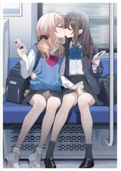 2boys absurdres adam&#039;s_apple backpack bag blonde_hair blue_bow blue_bowtie bow bowtie brown_hair bulge cellphone collared_shirt crossdressing crossdressing_(mtf) erection erection_under_clothes grey_socks handjob handjob_over_clothes highres kiss loafers long_hair male_focus multiple_boys original panties penis_grab phone plaid_clothes plaid_panties pleated_skirt polka_dot polka_dot_panties pompompurin red_bow sanrio shirt shoes sitting skirt sleeveless sleeveless_sweater smartphone sneakers socks sweater trap turisasu underwear very_long_hair white_panties white_shirt white_socks yaoi