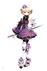 1girl absurdres ahoge armor bare_shoulders black_pantyhose blonde_hair blue_eyes boots braid crossed_legs crown detached_sleeves dress earrings female_focus frills full_body gauntlets greaves hair_ribbon hand_on_own_hip hat high_heel_boots high_heels highres hip_focus jewelry original pantyhose purple_crown rapier ribbon scan scepter shoes skirt solo standing sword tearfish watson_cross weapon