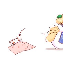 2girls alternate_headwear animal_ears animal_hat bilingual_commentary blanket blonde_hair blue_tabard chen commentary english_commentary fox_ears fox_tail hat hat_on_face head_on_pillow highres kitsune korean_commentary lying mirae_somang mixed-language_commentary mob_cap multiple_girls multiple_tails on_back pillow shadow sleeping tabard tail touhou under_covers white_hat yakumo_ran zzz