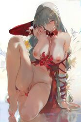 1girl bandage_over_one_eye barefoot blush braid breasts censored chromatic_aberration closed_mouth collar commentary earrings feet fingernails grey_eyes grey_hair highres jewelry knee_up large_breasts looking_at_viewer low_twin_braids misaka_12003-gou mosaic_censoring nail_polish navel nipples paid_reward_available phrolova_(wuthering_waves) pussy red_collar red_nails red_pupils red_sleeves reflective_floor single_sleeve sitting smile solo stomach tacet_mark_(wuthering_waves) thighs toenails toes twin_braids twitter_username wuthering_waves