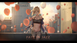 1girl absurdres ahoge alternate_costume balloon bandaid black_panties blonde_hair cigarette cjmy cloud cloudy_sky commentary_request crop_top day dog_tags fate/stay_night fate_(series) gloves green_eyes gun halterneck handgun highres holding holding_gun holding_weapon id_card letterboxed midriff mordred_(fate) mordred_(fate/apocrypha) navel open_fly panties pants sky tattoo thigh_strap toy_block unbuttoned_pants underwear urban weapon white_gloves wide_shot