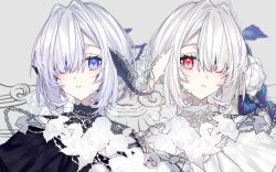 2girls au_ra black_dress close-up dragon_girl dragon_horns dress final_fantasy final_fantasy_xiv flower horns looking_at_viewer motsuni_(lxxe1120) multiple_girls purple_eyes red_eyes rose warrior_of_light_(ff14) white_dress white_flower white_hair white_rose