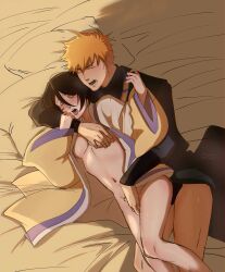 Rule 34 | 1boy, 1girl, bed, black hair, bleach, blush, breasts, cuddling, highres, kuchiki rukia, kurosaki ichigo, m1rimorinku, on bed, orange hair, sex, sex from behind, small breasts